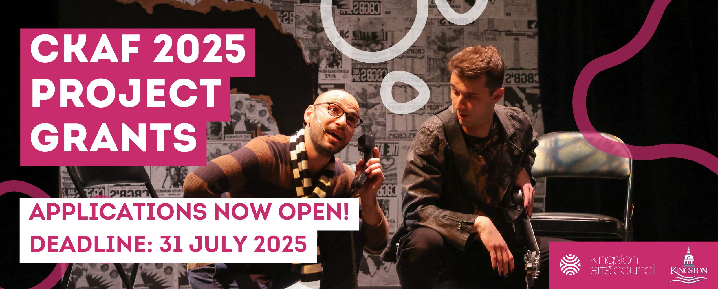 Promotional graphic. An image of two actors onstage as part of the Juvenis Festival, performing 